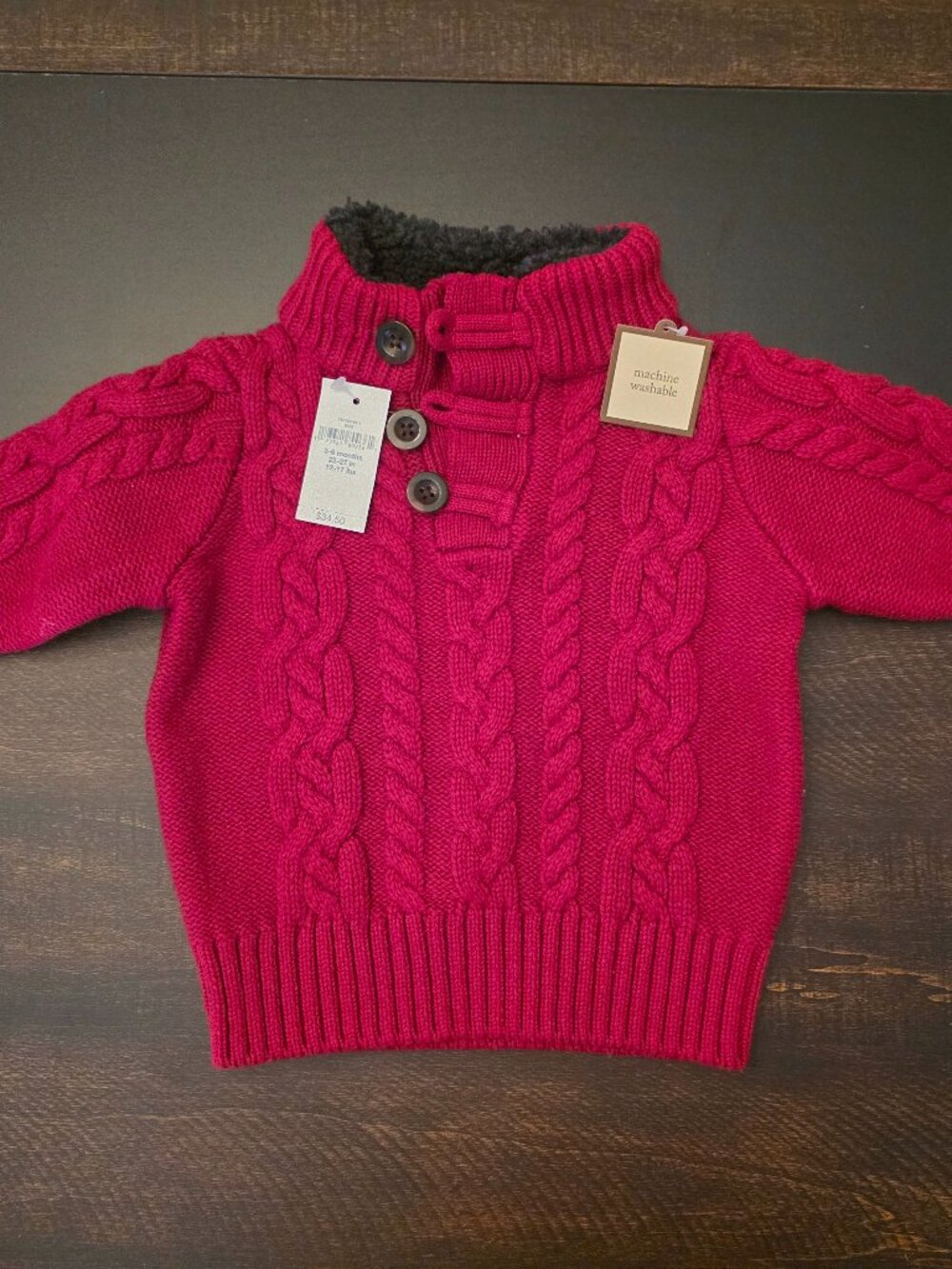 NWT Baby Gap Cable Knit Sherpa Collar Pullover Sweater Cranberry 3-6 Months